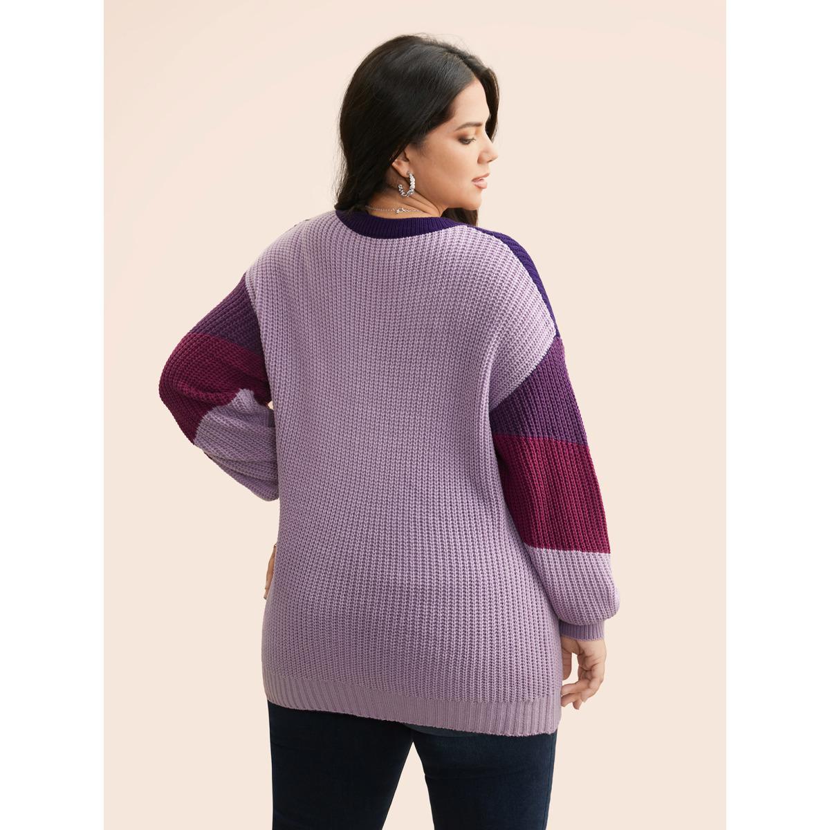 Plus Size Colorblock Contrast Drop Shoulder Sleeve Pullover Deeppurplered Women Casual Long Sleeve Round Neck Everyday Pullovers BloomChic 22-24/3X Product Image