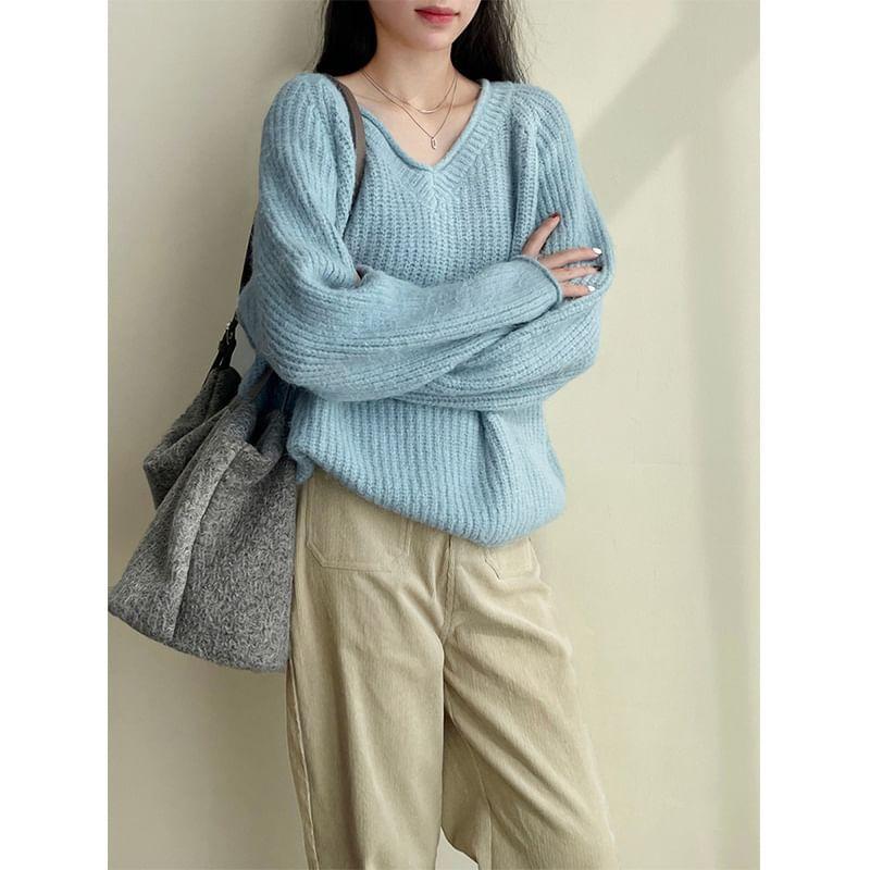 V-Neck Plain Sweater Product Image
