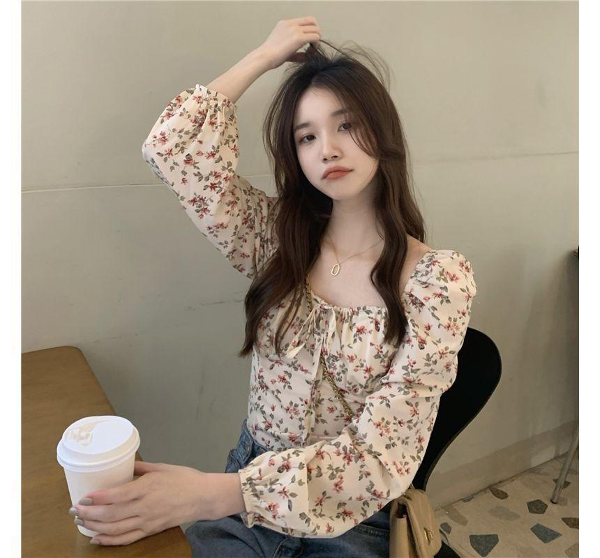 Long-Sleeve Square Neck Floral Top Product Image