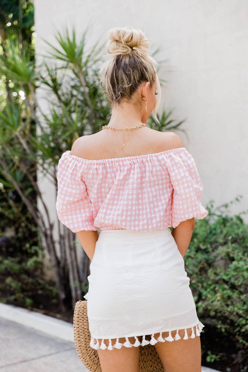 Hopeless Romantic Pink Gingham Off The Shoulder Cropped Blouse FINAL SALE Product Image