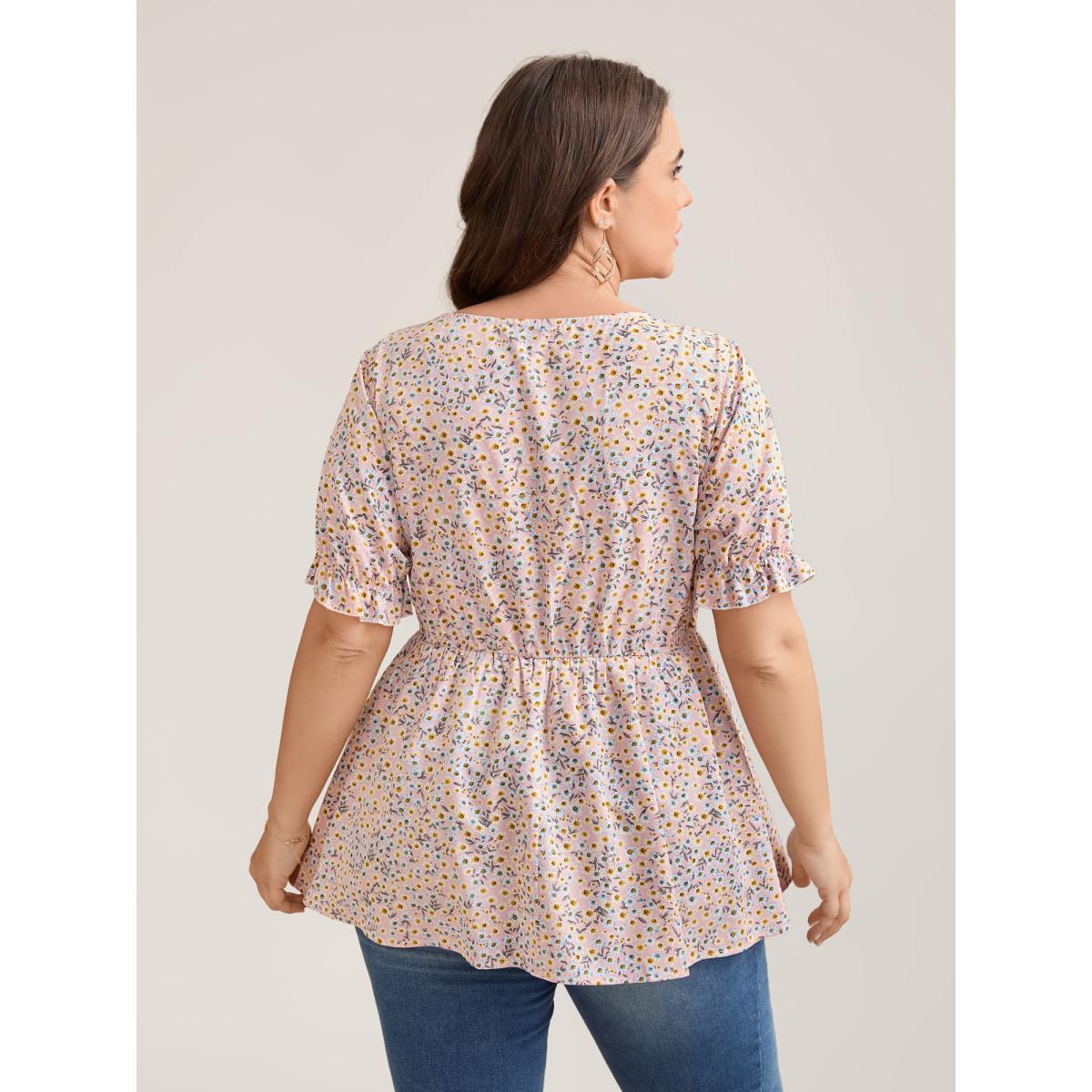 Plus Size MistyRose Floral Print Shirred Bodice Peplum Top Women Elegant Short sleeve Square Neck Everyday Blouses BloomChic 14-16/1X Product Image