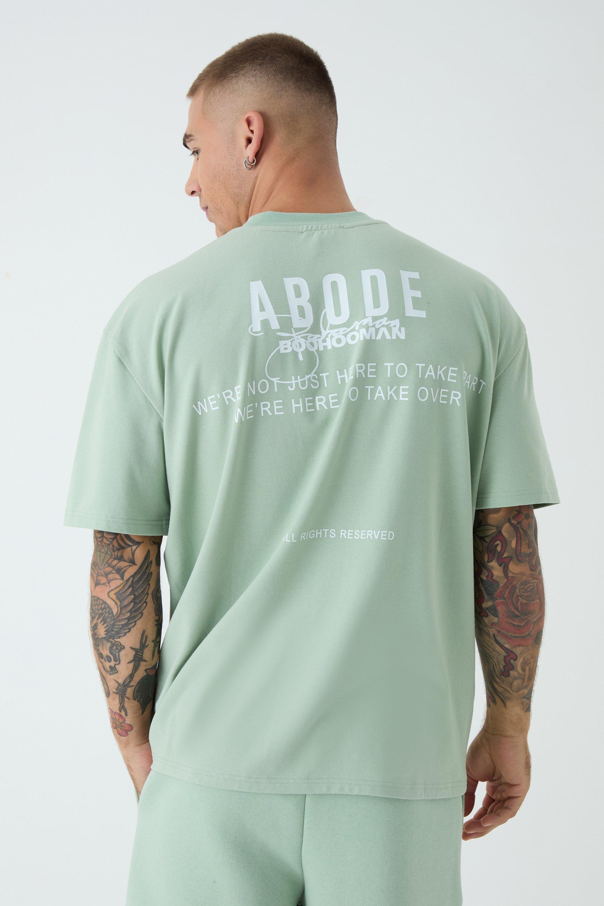 Mens Oversized Extended Neck ABODE T-shirt - Cream Product Image