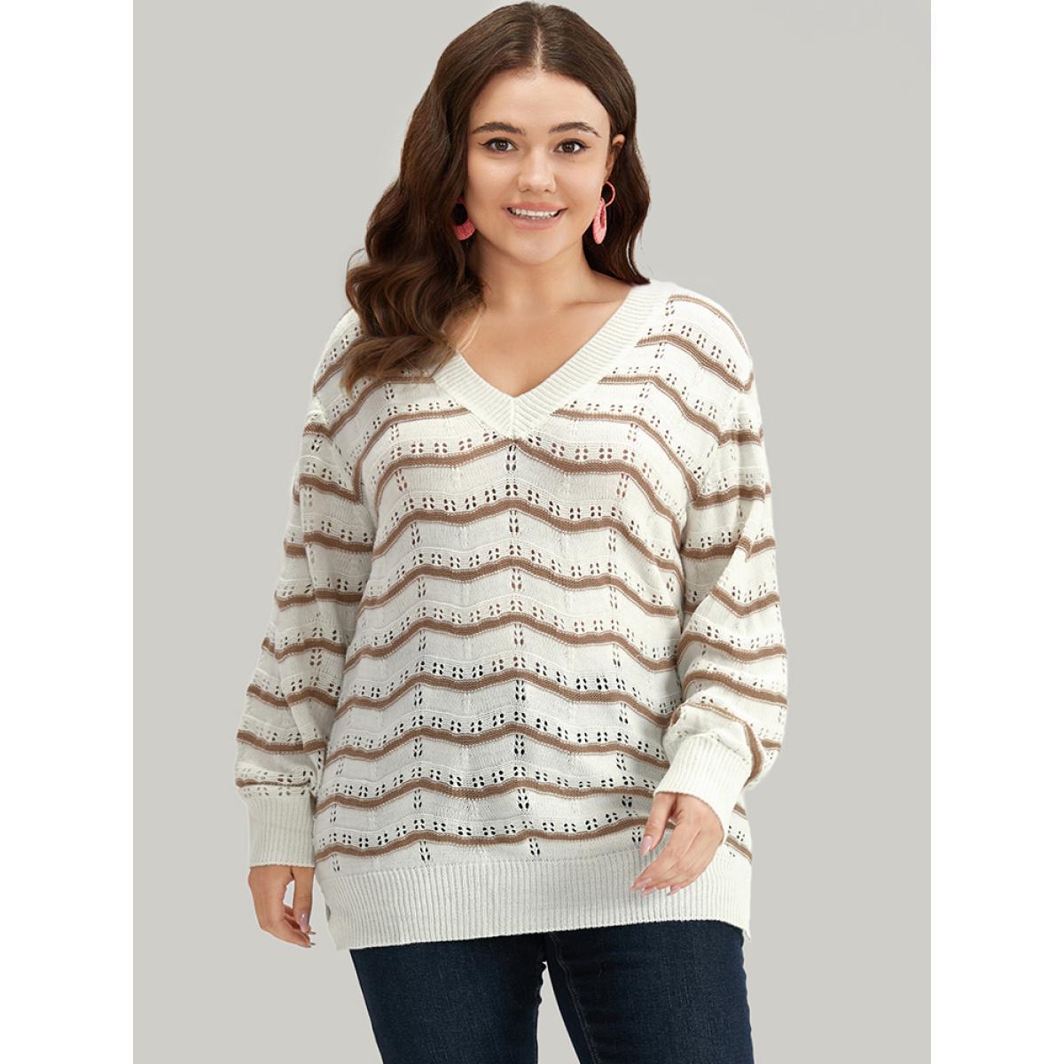 Plus Size Wave Striped Cut Out V Neck Cardigan Beige Women Casual Bodycon Long Sleeve V-neck Dailywear Pullovers BloomChic 14-16/1X Product Image
