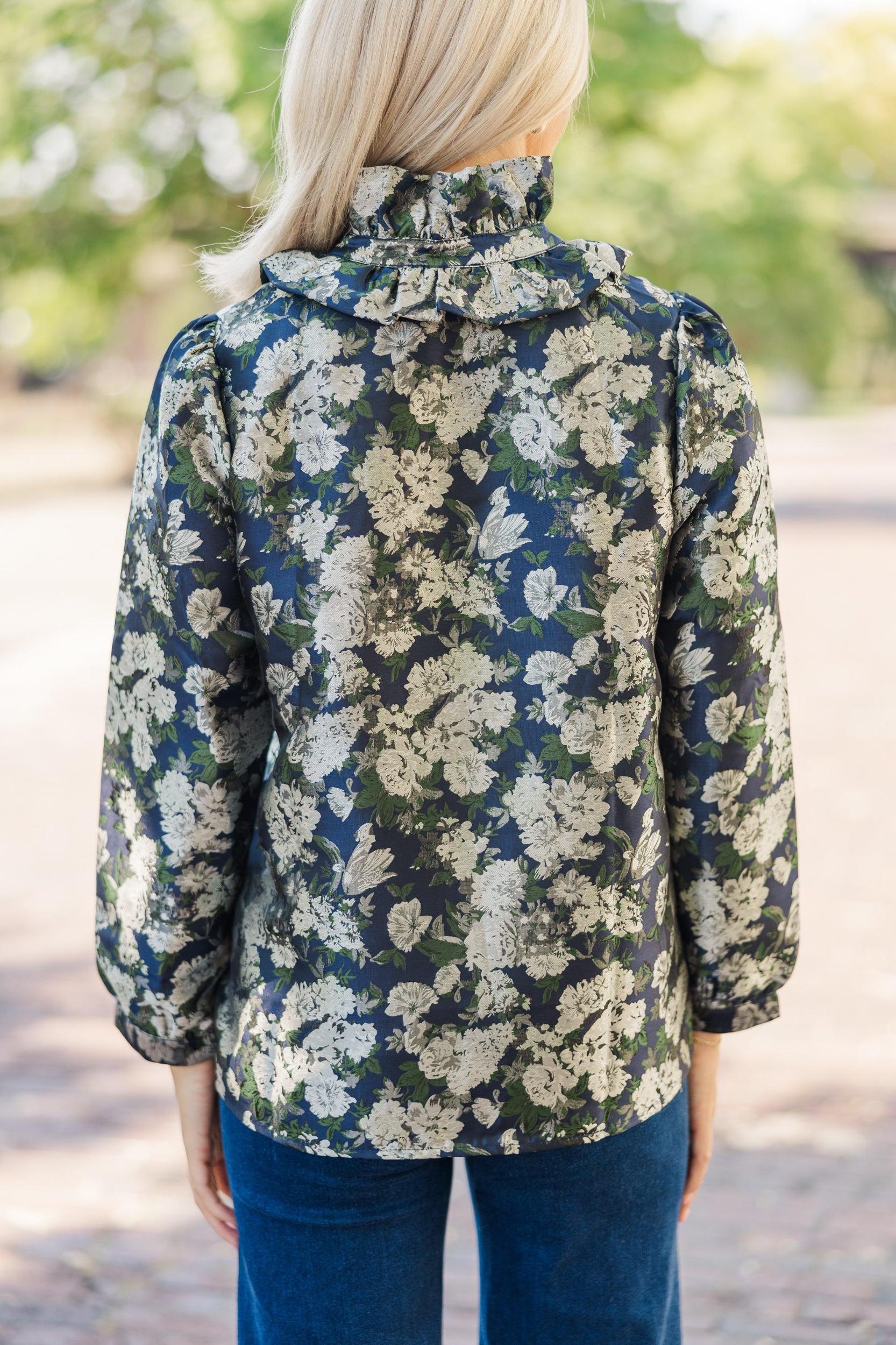 On Your Mind Navy Blue Floral Brocade Blouse Female Product Image