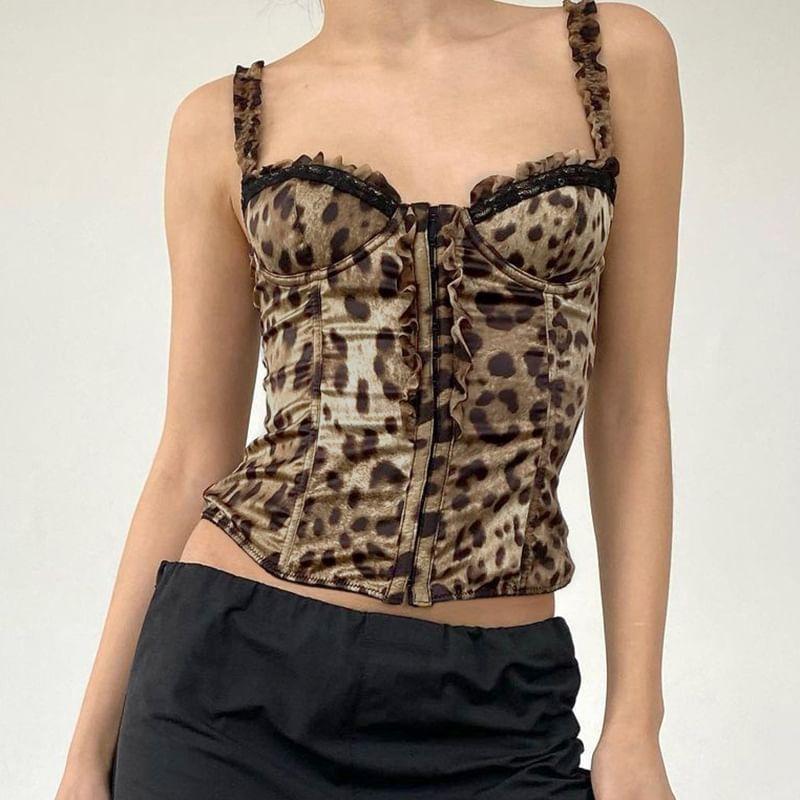Ruffled-Trim Leopard Print Corset Cami Top Product Image