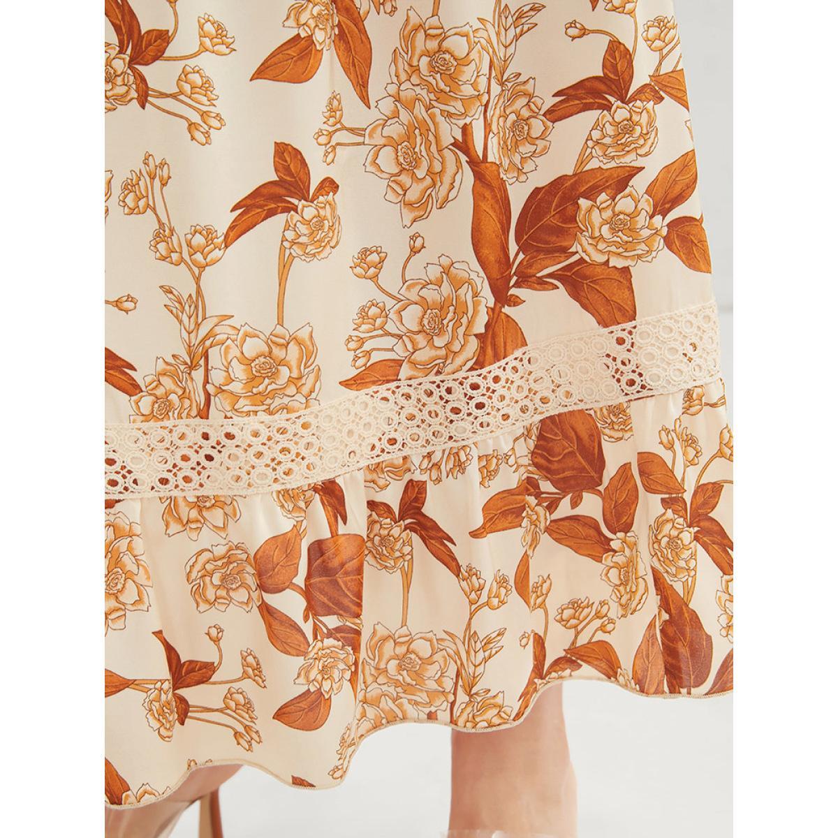 Plus Size Floral Printed Crochet Lace Pocket Flutter Maxi Dress Chocolate Women Elegant Gathered V-neck Half Sleeve Curvy Long Dress BloomChic 26/4X Product Image