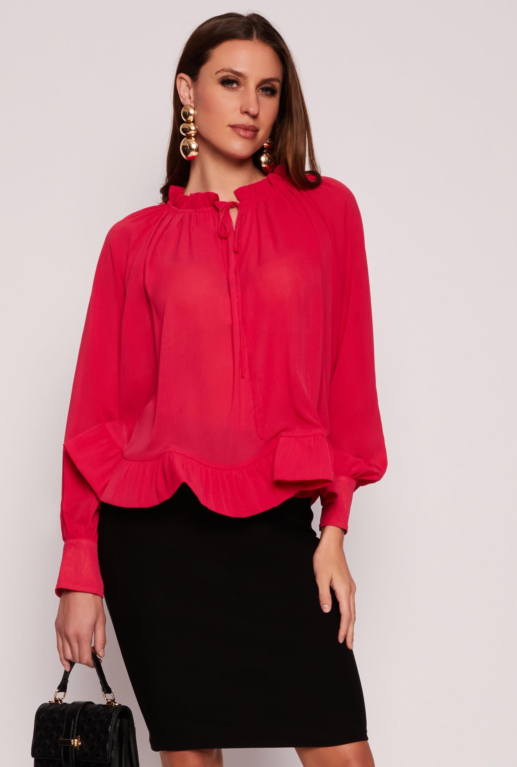Womens Chiffon Tie Keyhole Long Sleeve Blouse Product Image