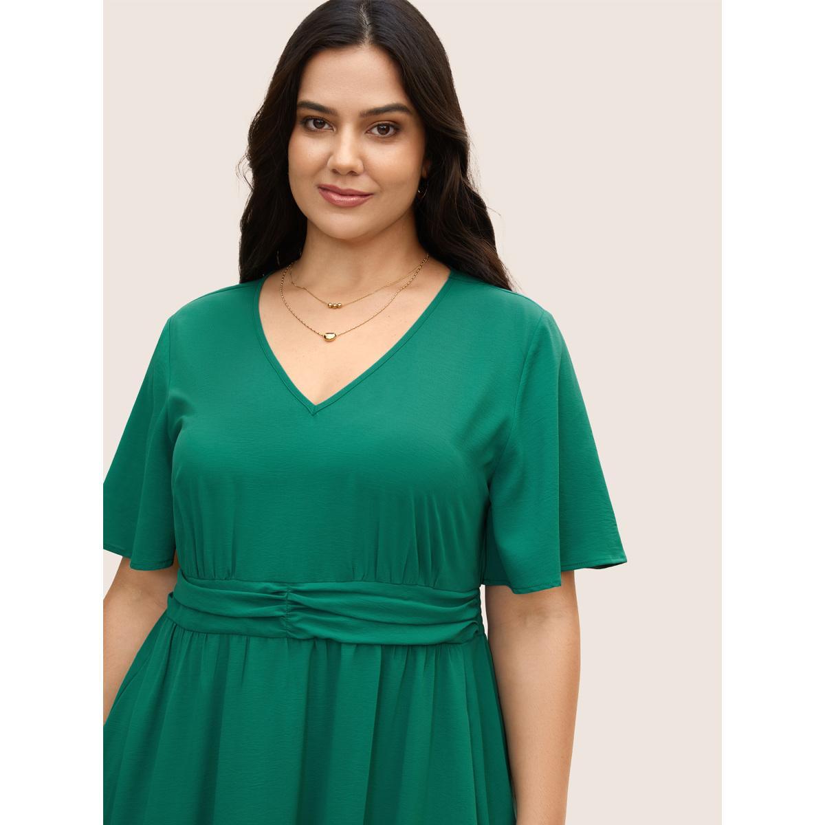 Plus Size Plain Ruched Patchwork Ruffle Trim Dress Emerald Women Elegant Overlapping V-neck Short sleeve Curvy BloomChic 22-24/3X Product Image