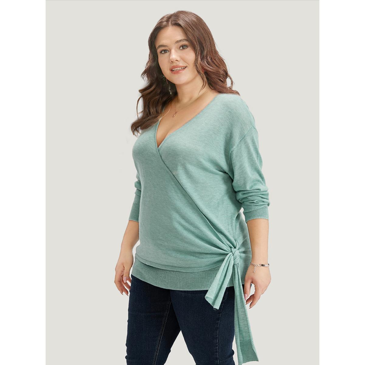 Plus Size Supersoft Essentials Plain Crossover Ties Elastic Cuffs Pullover Mint Women Casual Loose Long Sleeve V-neck Dailywear Pullovers BloomChic 22-24/3X Product Image