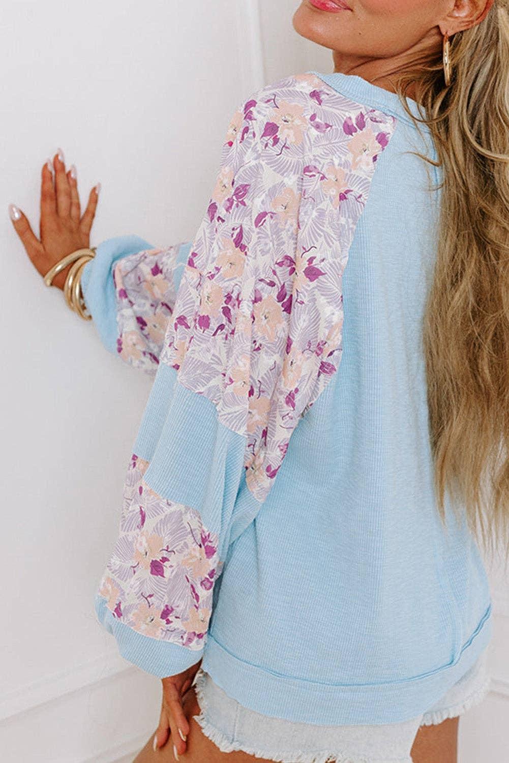Floral Colorblock Balloon Sleeve Blouse: Beau Blue Product Image