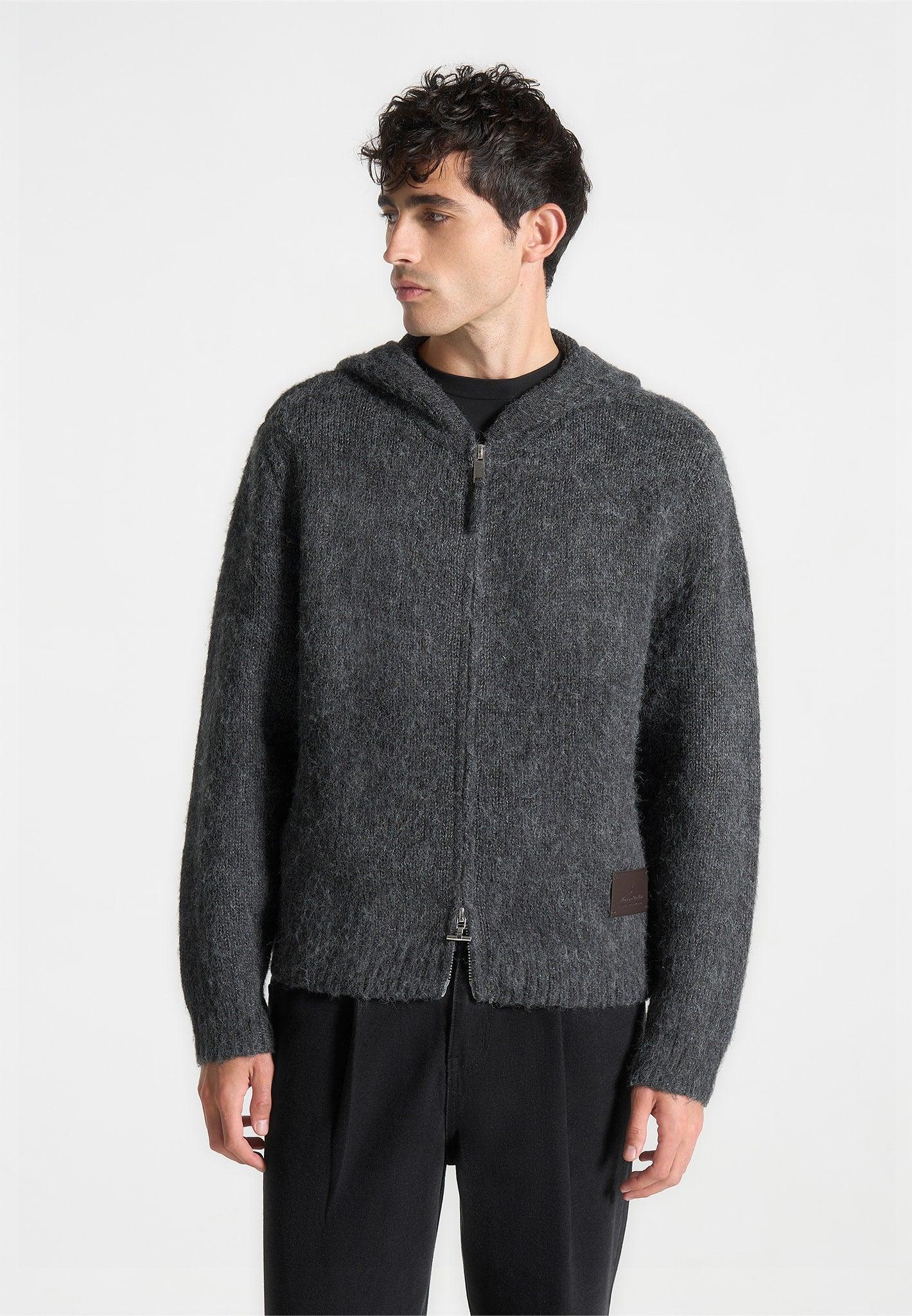 Mohair-Blend Zip Through Hoodie - Charcoal Grey Male Product Image