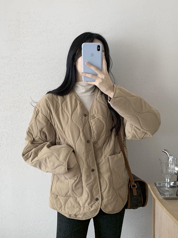 Plain Quilted Button-Up Jacket Product Image