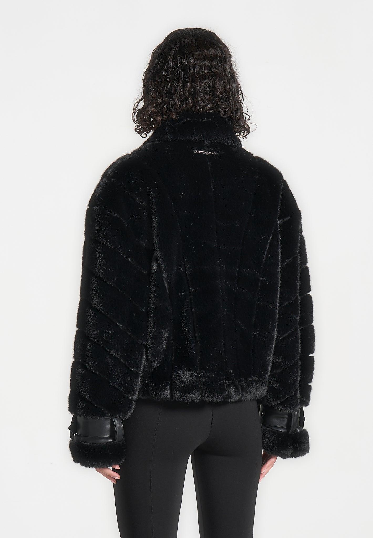 Oversized Ribbed Plush Jacket With Lapel - Black Female Product Image