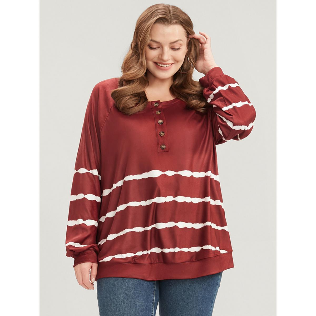 Plus Size Striped Print Round Neck Button Up Sweatshirt Women Scarlet Casual Tie Dye Round Neck Dailywear Sweatshirts BloomChic 28/5X Product Image