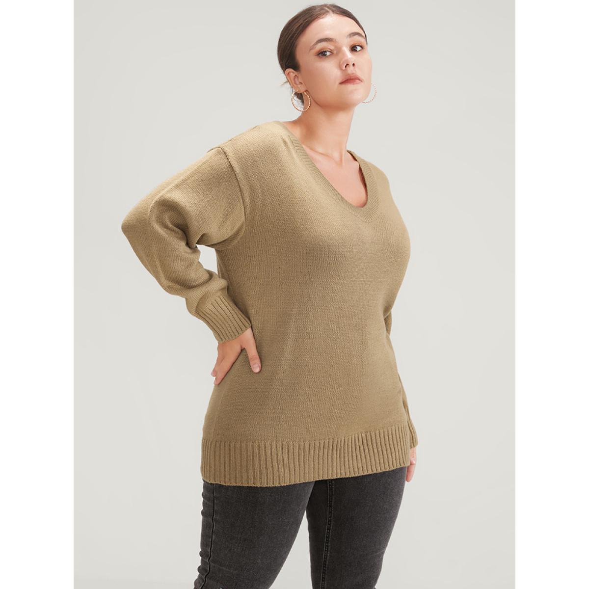 Plus Size Plain Pointelle Knit V Neck Knit Top Tan Women Casual Loose Long Sleeve V-neck Dailywear Pullovers BloomChic 12/L Product Image