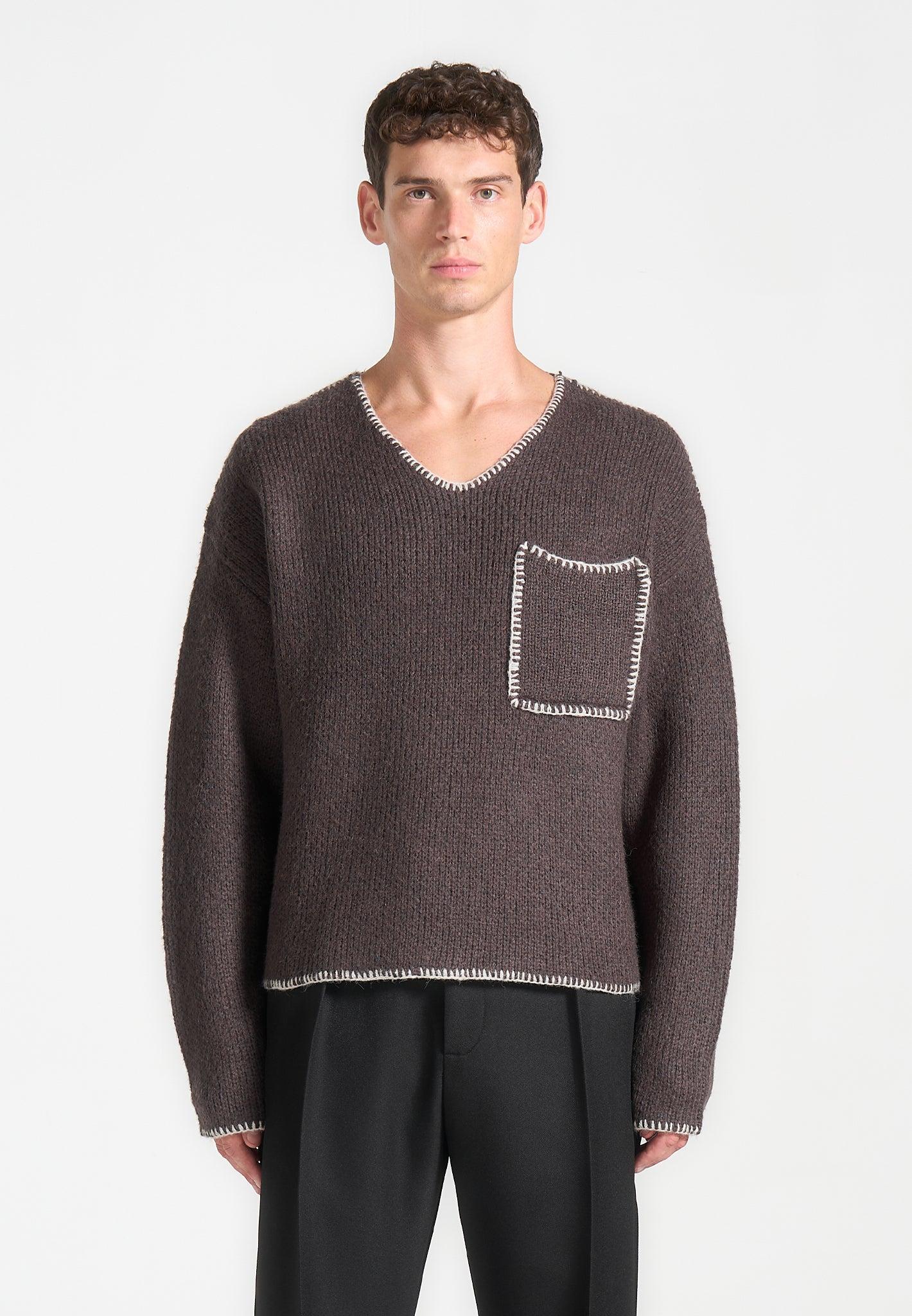 Mohair Knit Whipstitch V Neck Jumper - Brown Male Product Image