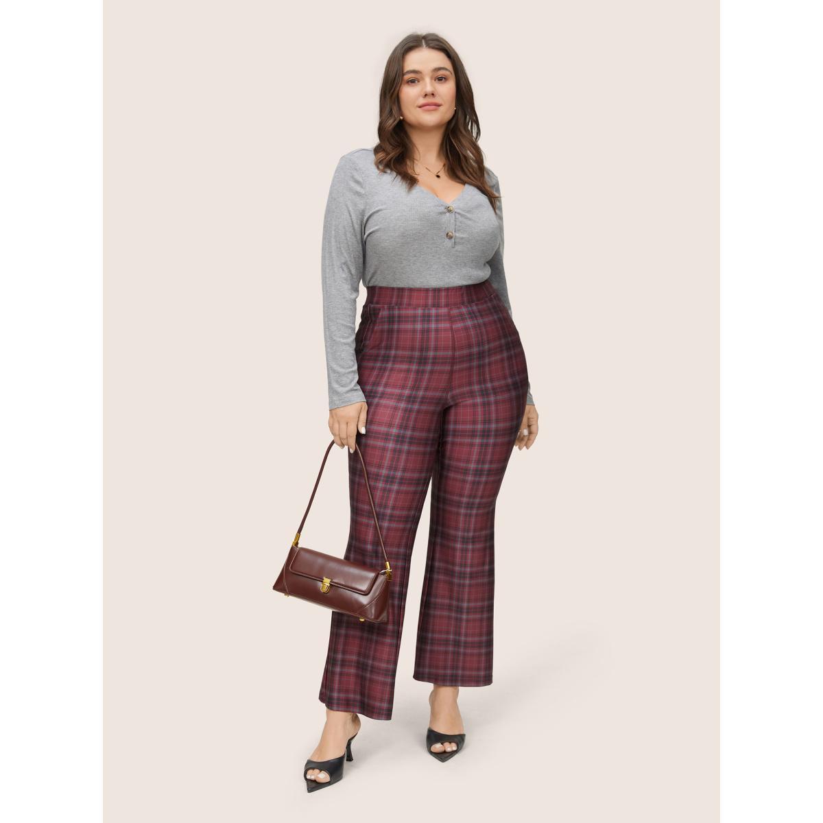 Plus Size Plaid Pocket Elastic Waist Bootcut Leggings Women Maroon At the Office High stretch Bootcut High Rise Work Leggings BloomChic 10/M Product Image