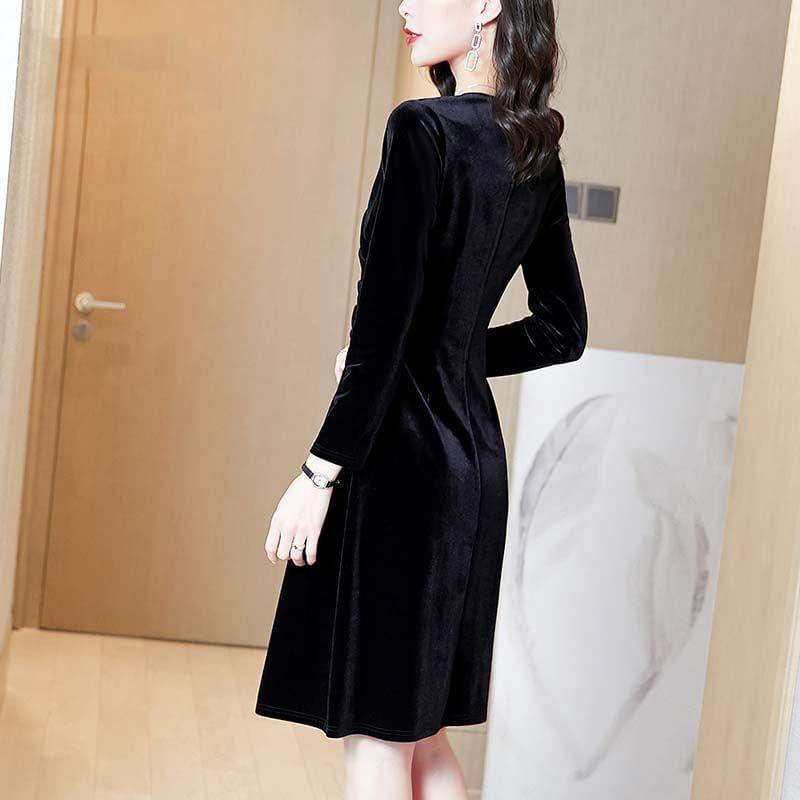 Long-Sleeve V-Neck Shirred Mini A-Line Velvet Dress Product Image