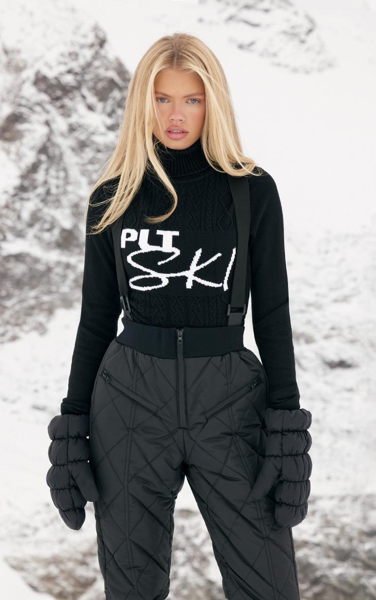 PRETTYLITTLETHING SKI Black Cable Knit Roll Neck Fitted Sweater Product Image