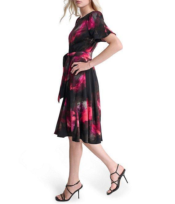 DKNY by Donna Karan Printed Woven Crew Neck Short Godet Sleeve Belted A-Line Dress Product Image