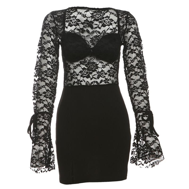 Bell Sleeve Square-Neck Plain Lace Panel See-Through Mini Bodycon Dress Product Image