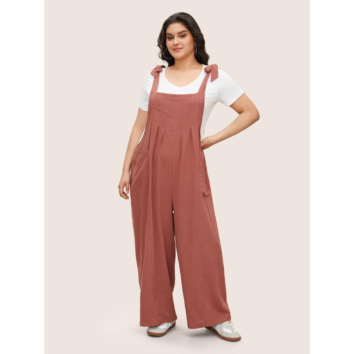 Plus Size DustyPink Solid Pleated Detail Pocket Knotted Shoulder Overall Jumpsuit Women Casual Sleeveless Non Everyday Loose Jumpsuits BloomChic 26/4X Product Image