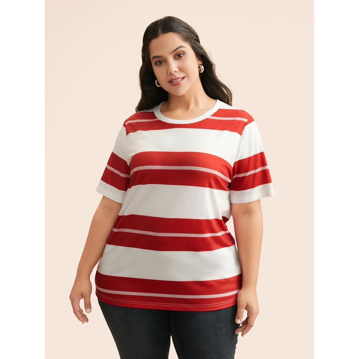 Plus Size Crew Neck Contrast Striped T-shirt Multicolor Women Casual Contrast Round Neck Everyday T-shirts BloomChic 12/L Product Image