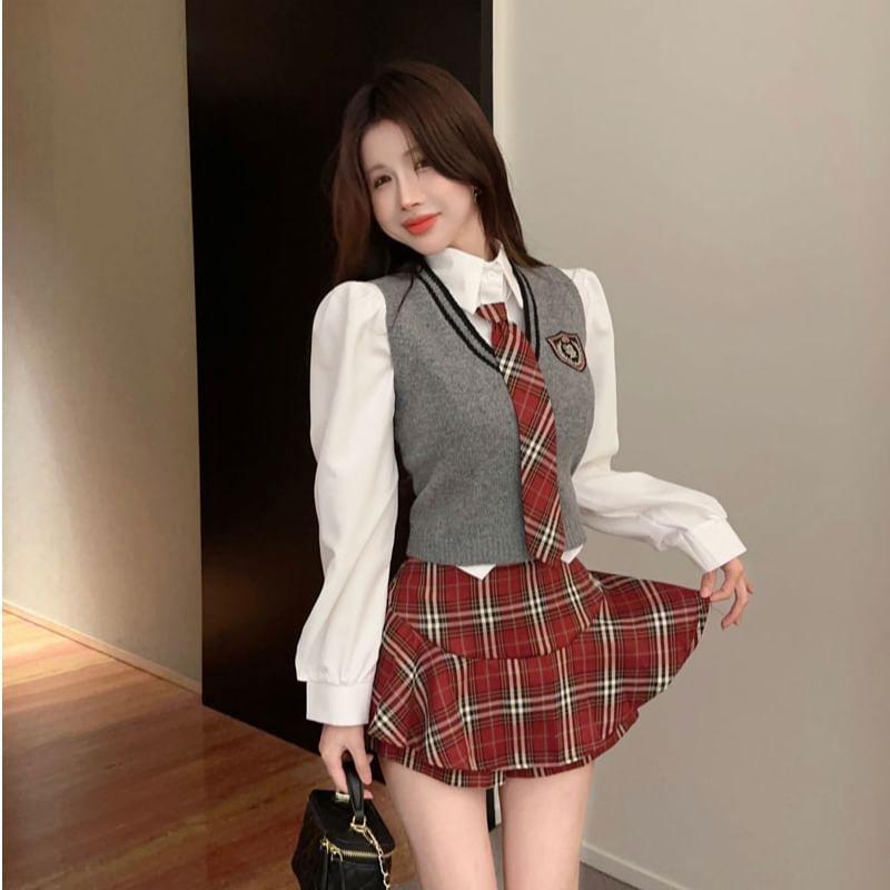 Long-Sleeve Plain Button-Up Crop Shirt / V-Neck Applique Striped Trim Sweater Vest / High Waist Plaid Mini A-Line Skort / Necktie / Set Product Image