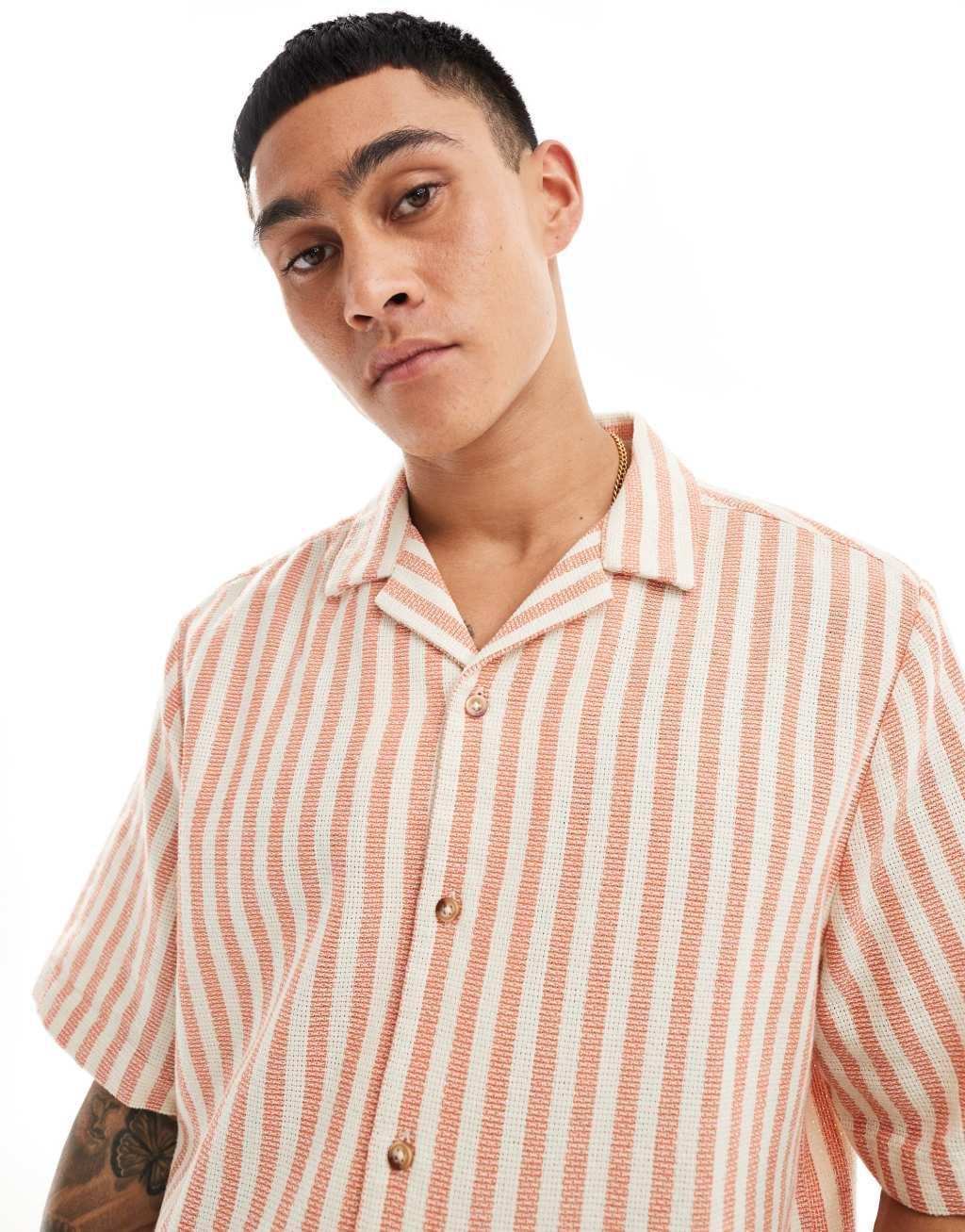 ASOS DESIGN relaxed camp collar shirt in orange basket stripe Product Image