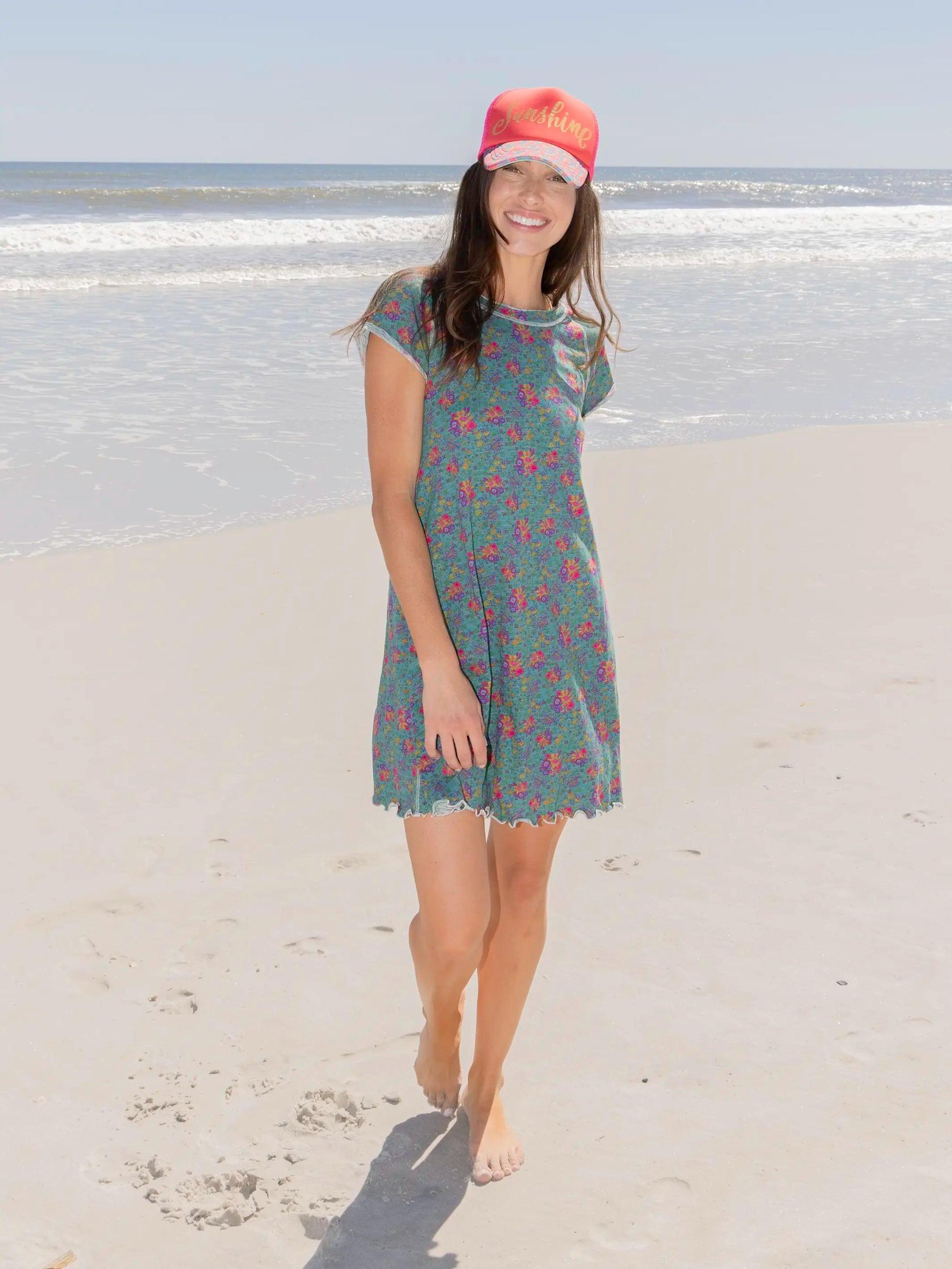Lily Knit Cotton Tee Dress - Turquoise Floral Medallions Product Image