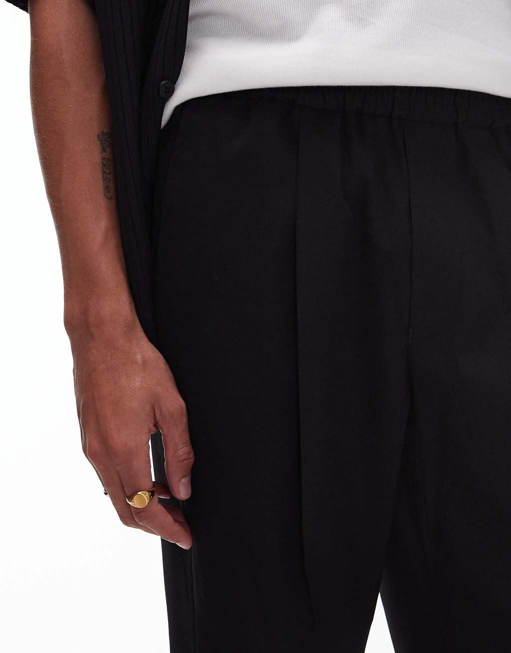 Topman smart taper pants with elasticated waistband in black Product Image