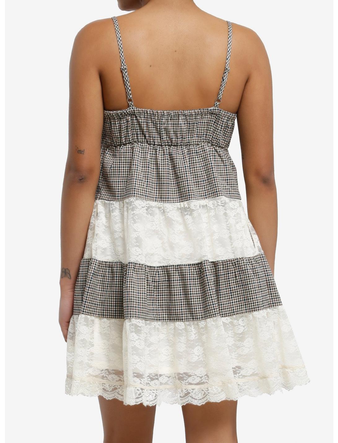 Thorn & Fable Brown Plaid & Lace Tiered Babydoll Dress Product Image