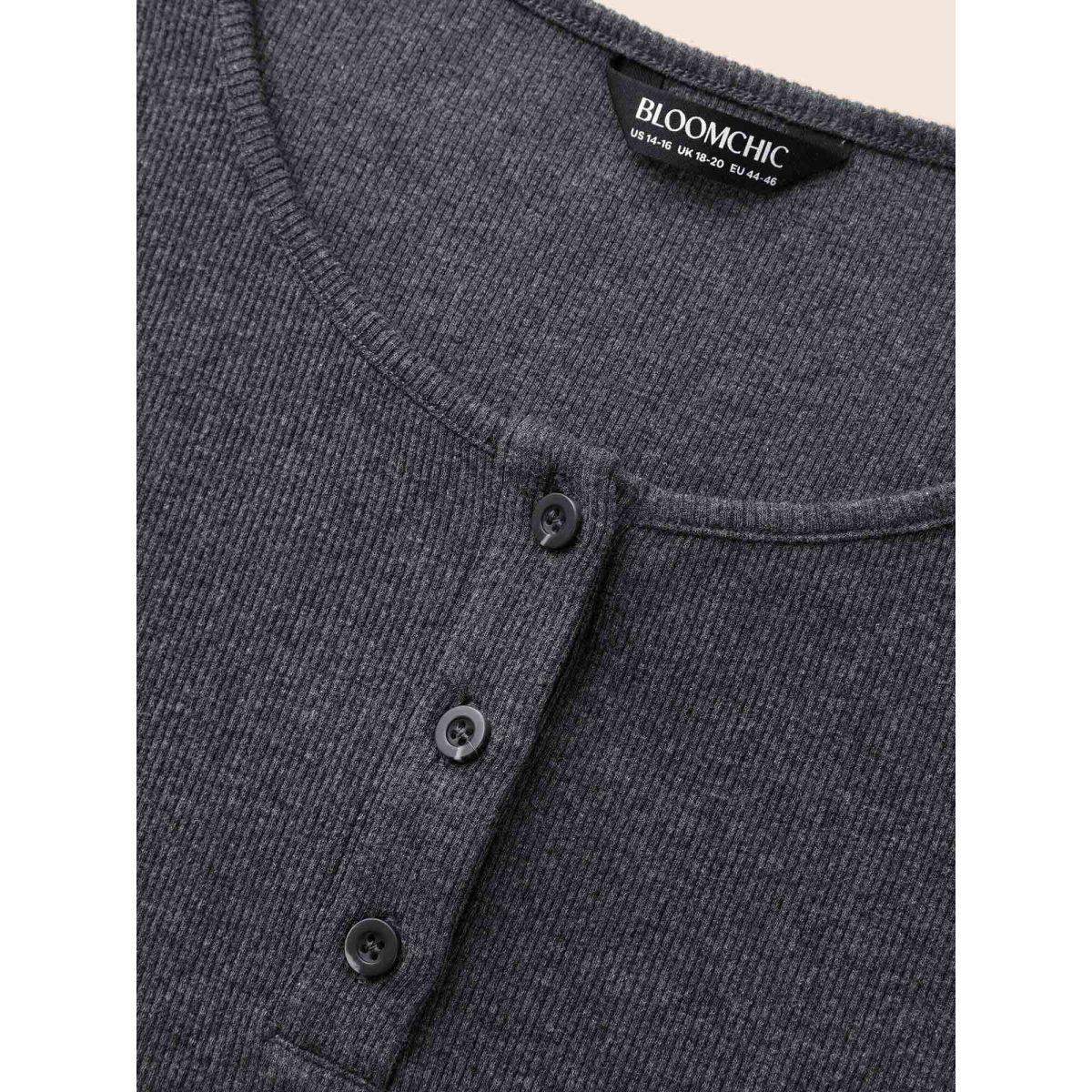 Plus Size Cotton Rib Knit Button Up T-shirt DimGray Women Casual Texture Round Neck Bodycon Everyday T-shirts BloomChic 22-24/3X Product Image