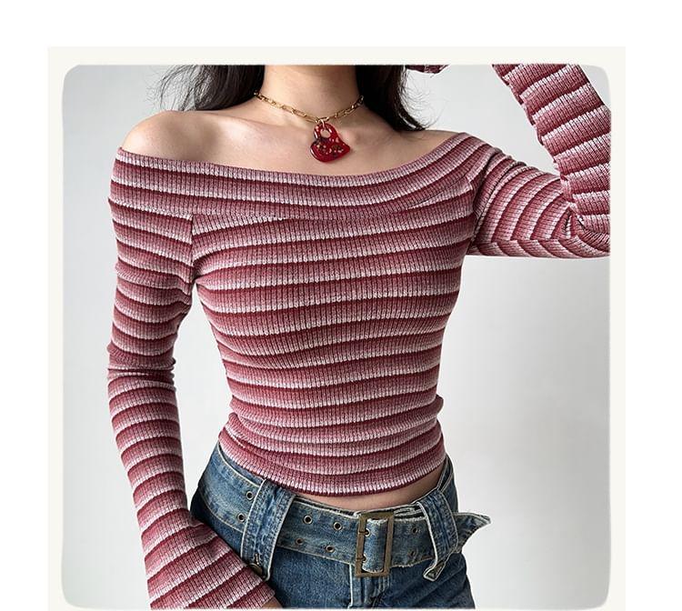 Long-Sleeve Off-Shoulder Striped Slim Fit Crop Knit Top Product Image