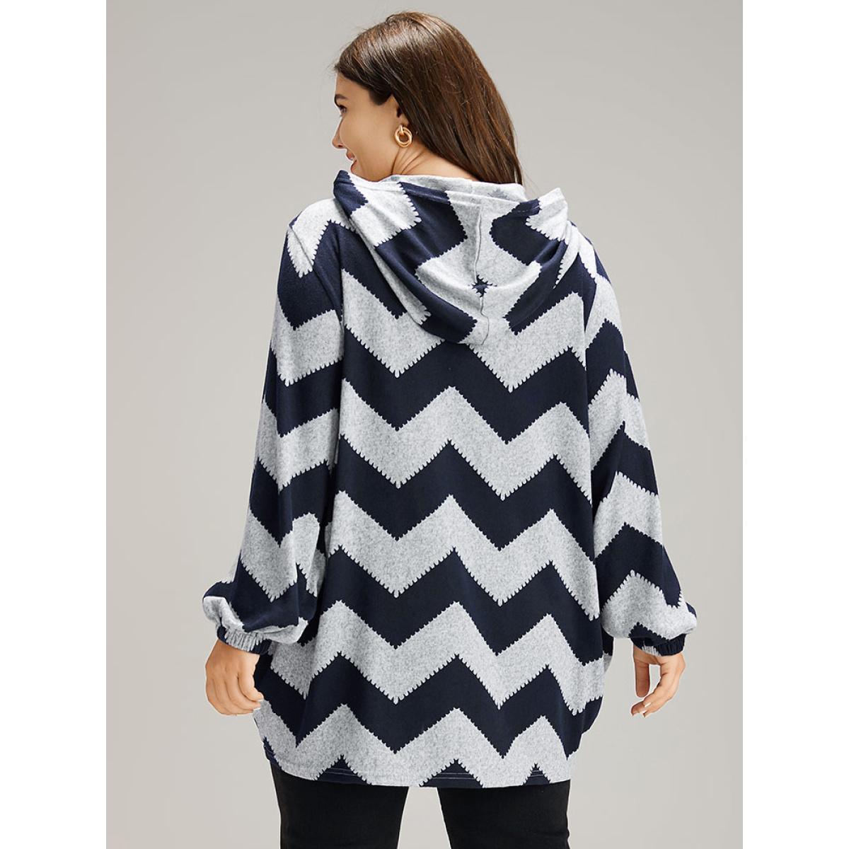 Plus Size Geo Striped Hooded Elastic Cuffs T-shirt Navy Women Casual Elastic cuffs Geometric Hooded Dailywear T-shirts BloomChic 22-24/3X Product Image