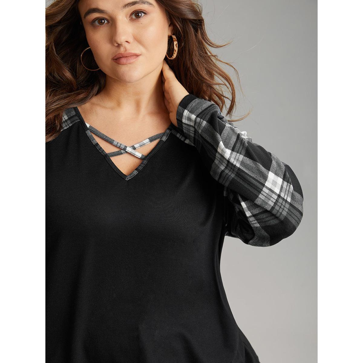 Plus Size Plaid Patchwork Raglan Sleeve Crisscross T-shirt Black Women Casual Patchwork Plaid V-neck Dailywear T-shirts BloomChic 14-16/1X Product Image
