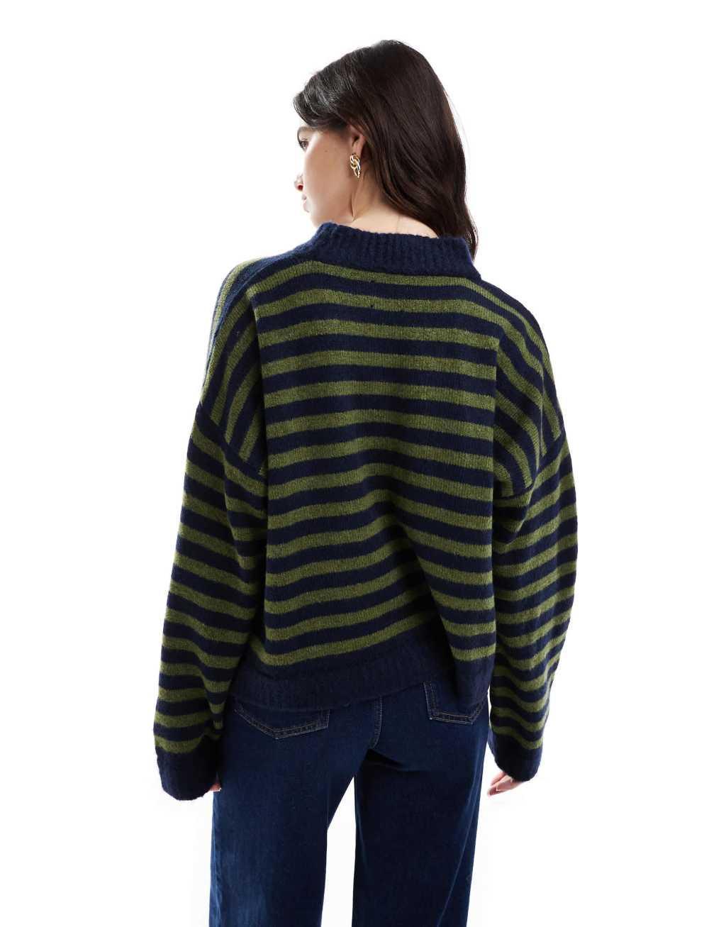 ASOS DESIGN knitted v neck cardigan in navy and green stripe Product Image