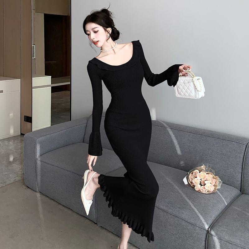 Long Sleeve Scoop Neck Plain Ruffle Knit Maxi Sheath Dress Product Image