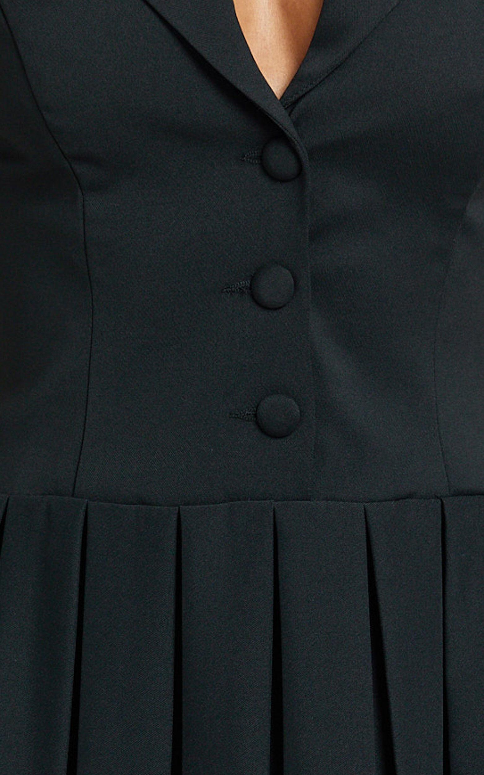 Hannah Mini Dress - Tailored Button Down Pleated Mini Dress in Black Product Image