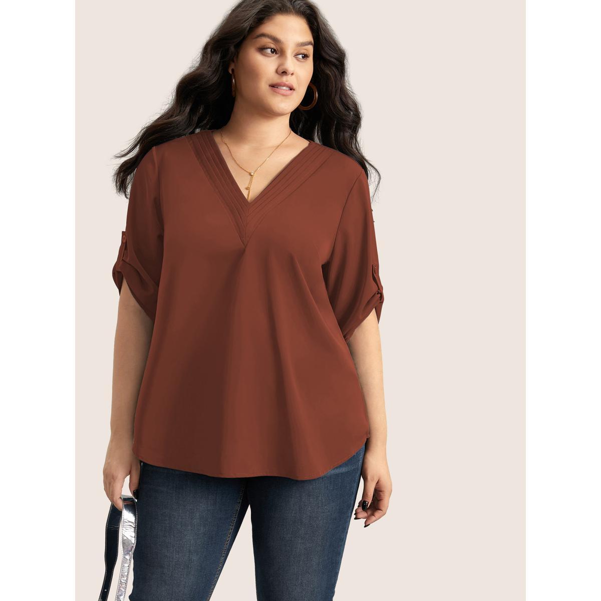 Plus Size Rust V Neck Plain Pleated Tab Sleeve Blouse Women At the Office Elbow-length sleeve V-neck Work Blouses BloomChic 28/5X Product Image