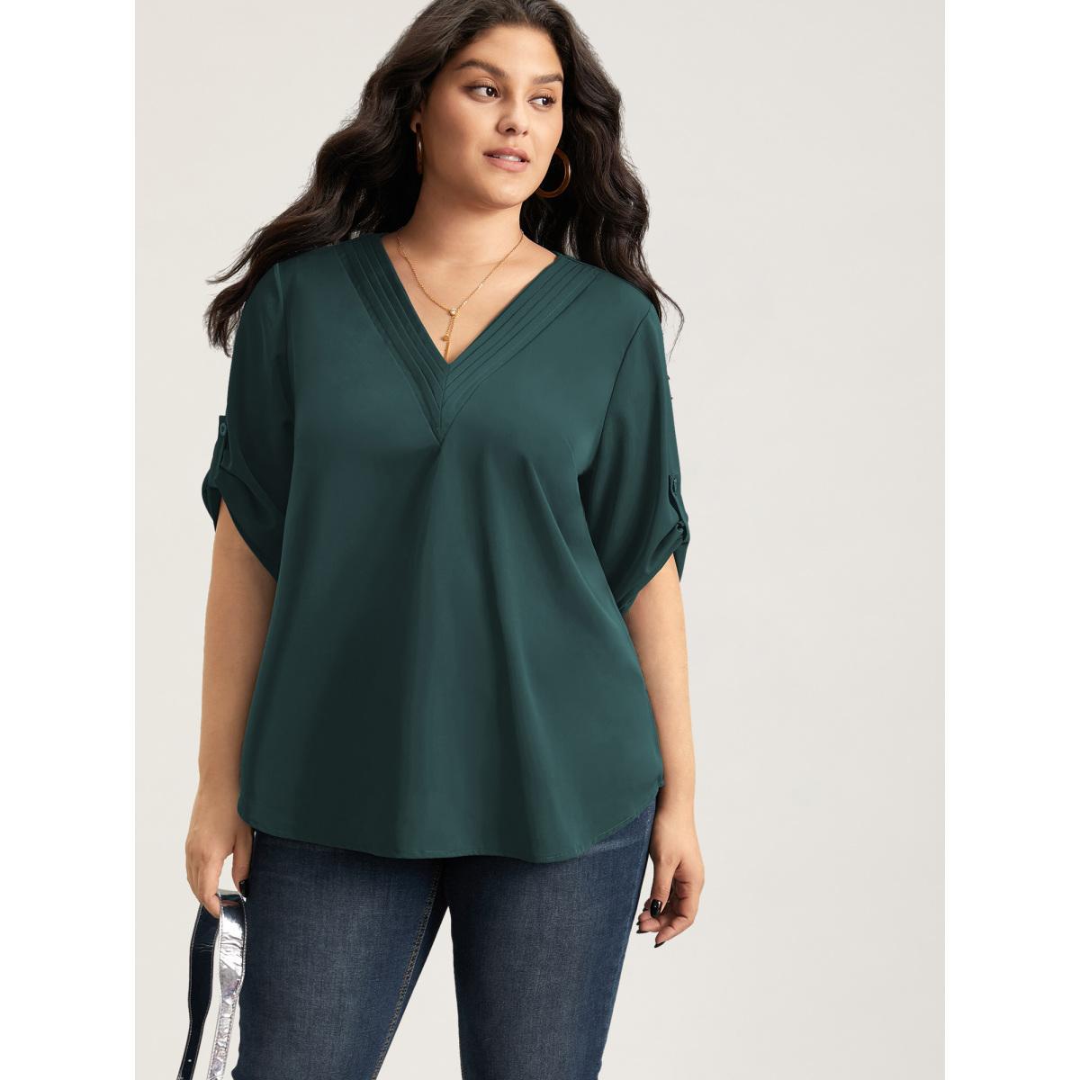 Plus Size Cyan V Neck Plain Pleated Tab Sleeve Blouse Women At the Office Elbow-length sleeve V-neck Work Blouses BloomChic 18-20/2X Product Image