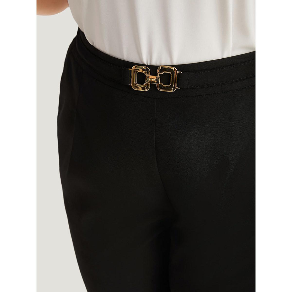 Plus Size Solid Metal Detail High Rise Straight Leg Pants Women Black Office Bodycon High Rise Work Pants BloomChic 18-20/2X Product Image