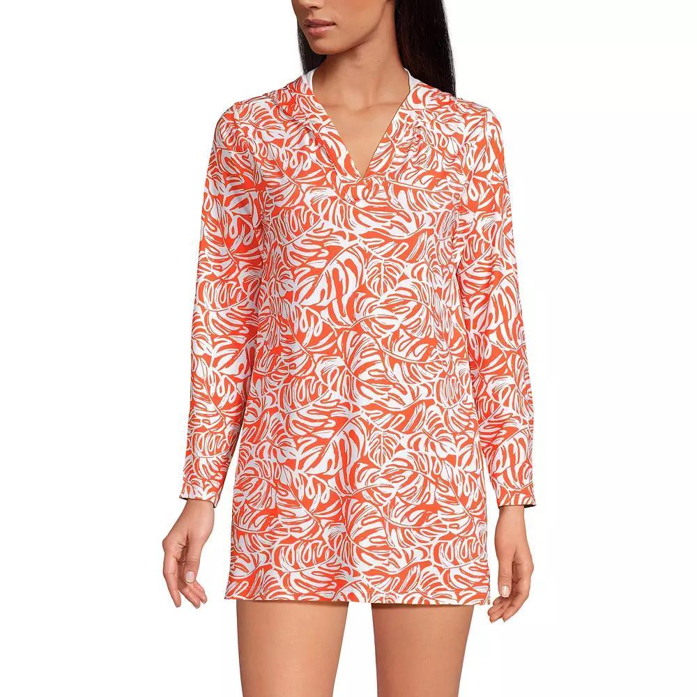 Women's Lands' End Hooded Mini Swim Cover-Up Dress UPF 50, Size: XS, Orange Tropic Leaves Product Image