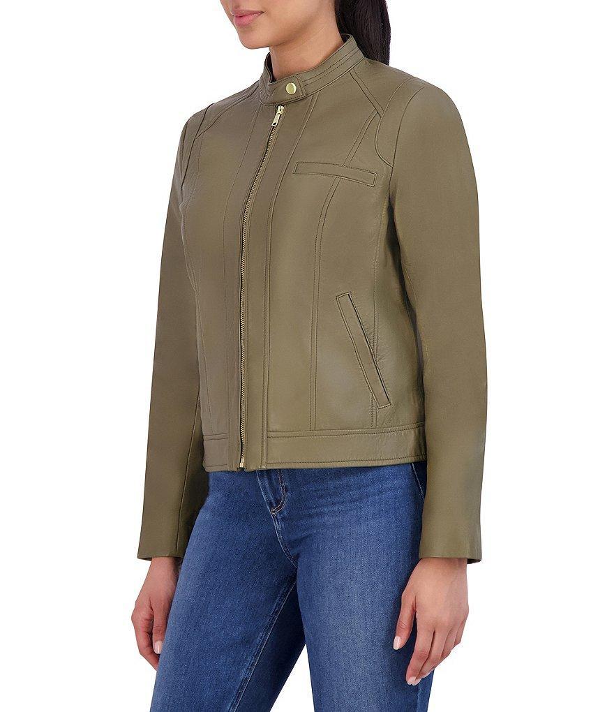 Cole Haan Lamb Skin Leather Round Neck Front Zip Moto Jacket Product Image