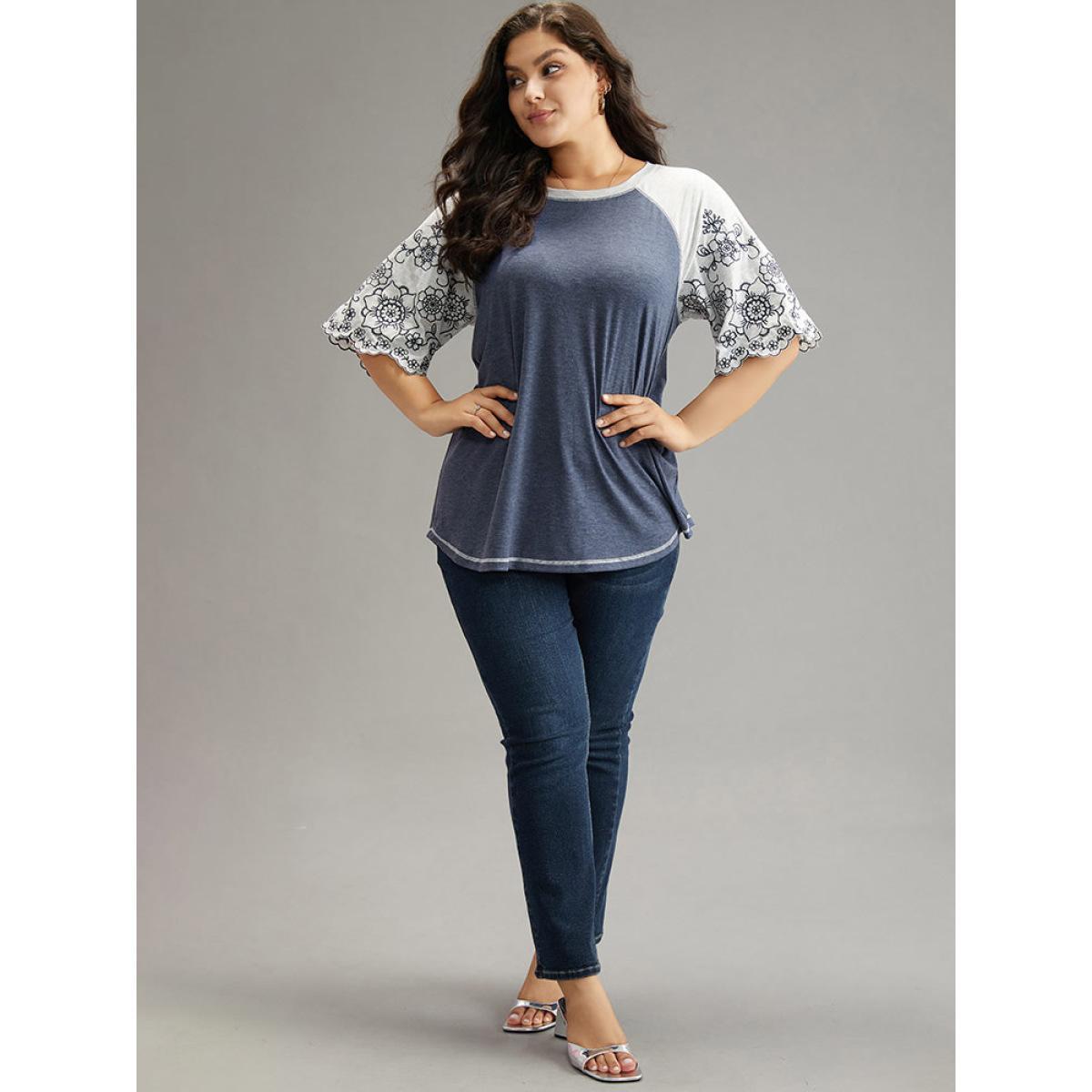 Plus Size Contrast Embroidered Scalloped Trim T-shirt Indigo Women Elegant Contrast Silhouette Floral Print Round Neck Dailywear T-shirts BloomChic 26/4X Product Image