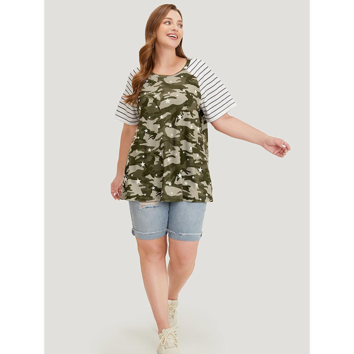 Plus Size Camo & Striped Print Raglan Sleeve T-shirt Multicolor Women Casual Contrast Camo Round Neck Dailywear T-shirts BloomChic 10/M Product Image