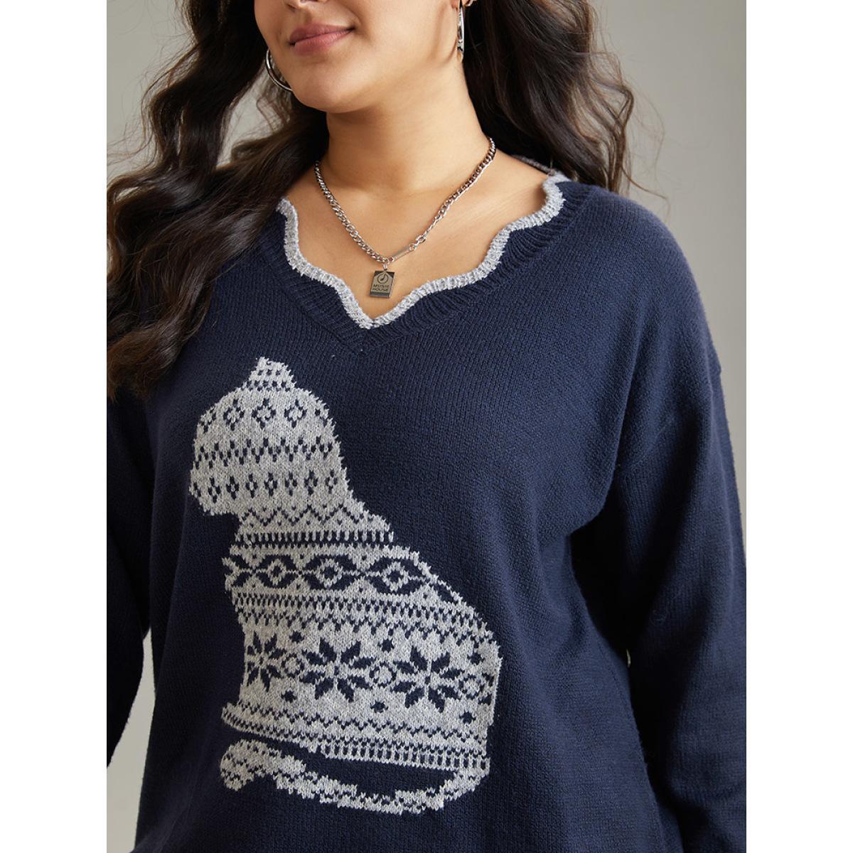 Plus Size Cat Graphic Scalloped Trim Pullover Midnight Women Casual Loose Long Sleeve V-neck Dailywear Pullovers BloomChic 12/L Product Image