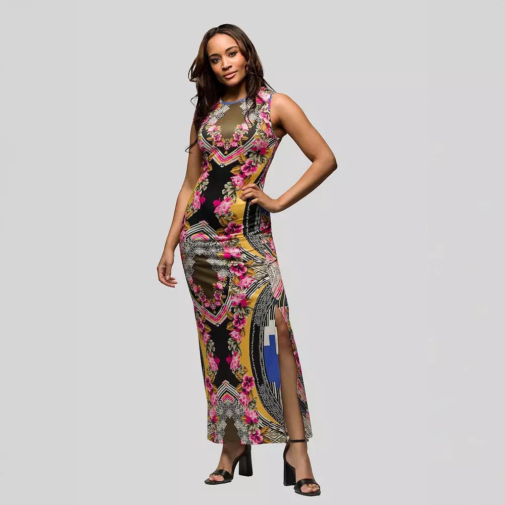Women's 24Seven Comfort Apparel Geometric Floral Print Sleeveless Side Slit Maxi Dress, Size: Small, Pink Team Product Image