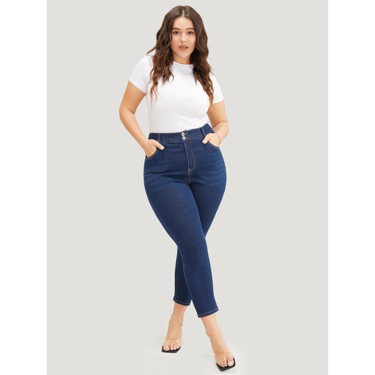 Plus Size Skinny Very Stretchy High Rise Dark Wash Elastic Waist Jeans Women DarkBlue Casual Plain High stretch Pocket Jeans BloomChic 12/L Product Image