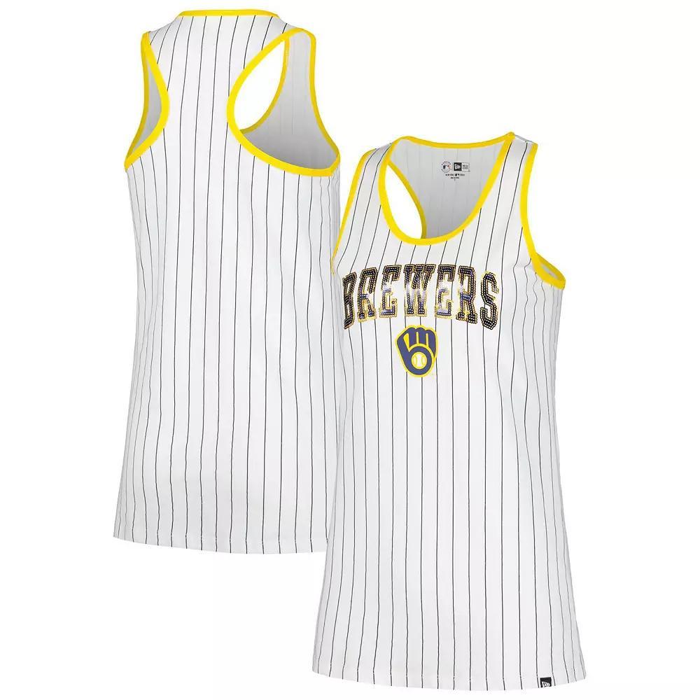 Women's New Era White Milwaukee Brewers Sequin Pinstripe Racerback Tank Top, Size: Medium Product Image